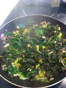Kale = Superfood. Spinach = Superfood. Garlic = Superfood. Onions = Delicious. This dish? WIN. So much green, garlicky goodness :)